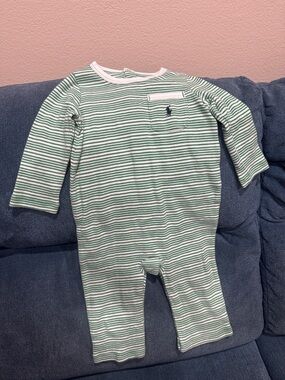 Ralph Lauren Green & White Striped Long-Sleeve Baby One-Piece